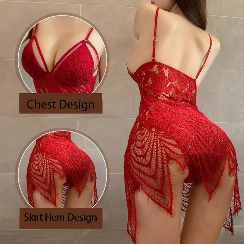 Hot Sexy Lingerie Pajamas Nightdress Women'S Babydoll Summer Lace Suspender Nightdress Panties Two-Piece Sexy Woman Night Dress