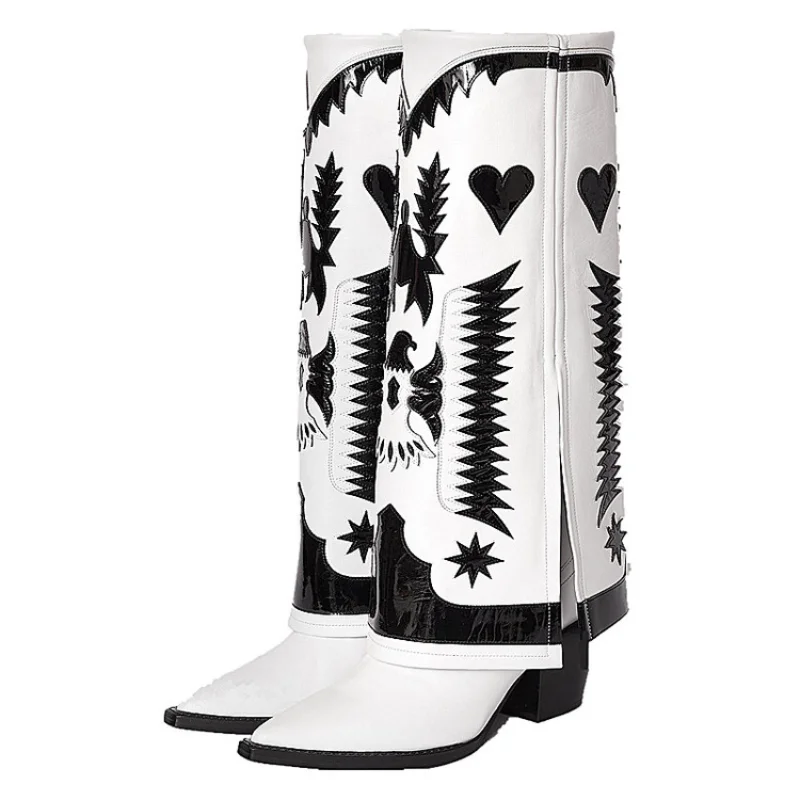 Genuine Leather Autumn Winter Women's Shoes Wide Tube Western Cowboy Boots Knee High Fashion Embroidery PunkLong and Short Boots