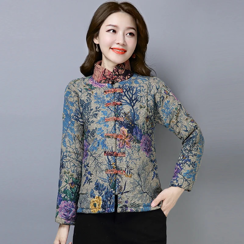 

2022 New Modern Ethnic Style Women Padded Clothes Loose Stand Collar Chinese Jacket Cotton Linen Printing Female Tang Suit Coat