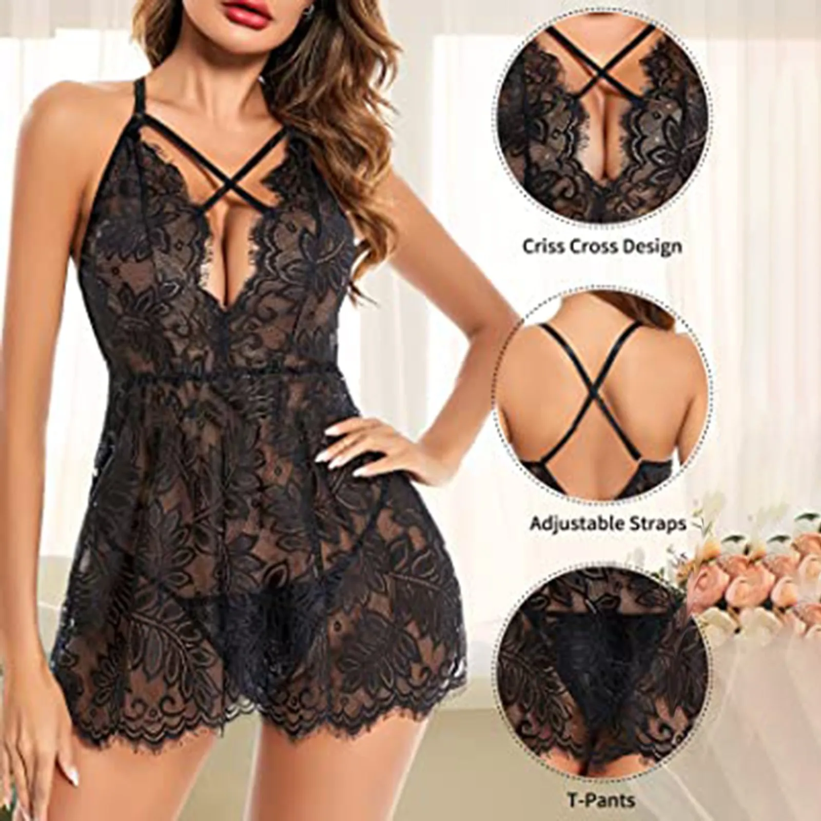 

Women Sexy Lingerie Luxury Cross Strap Babydoll Black Night Dress Deep V Neck Nightie Sheer Lace Underwear Female Intimate