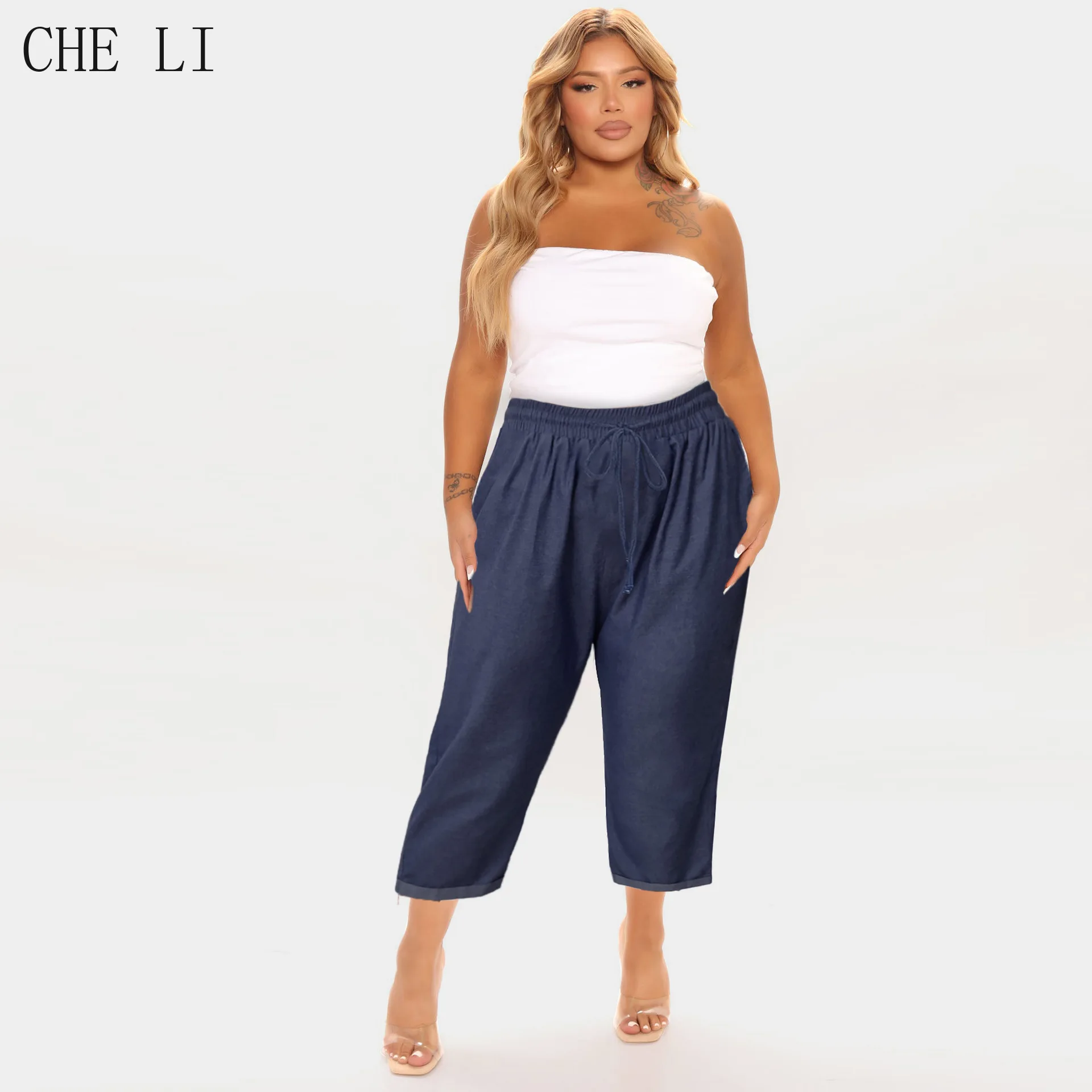 L XL 2XL 3XL 4XL Plus Size Summer Trousers Women's Street Casual Loose Drawstring Jeans Simple Comfortable Cropped Pants Female