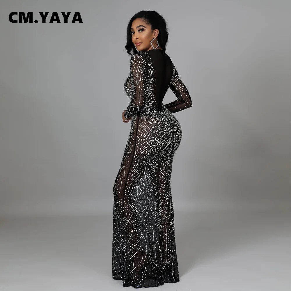 Женское Сетчатое Прозрачное платье макси CM.YAYA с длинным рукавом и стразами