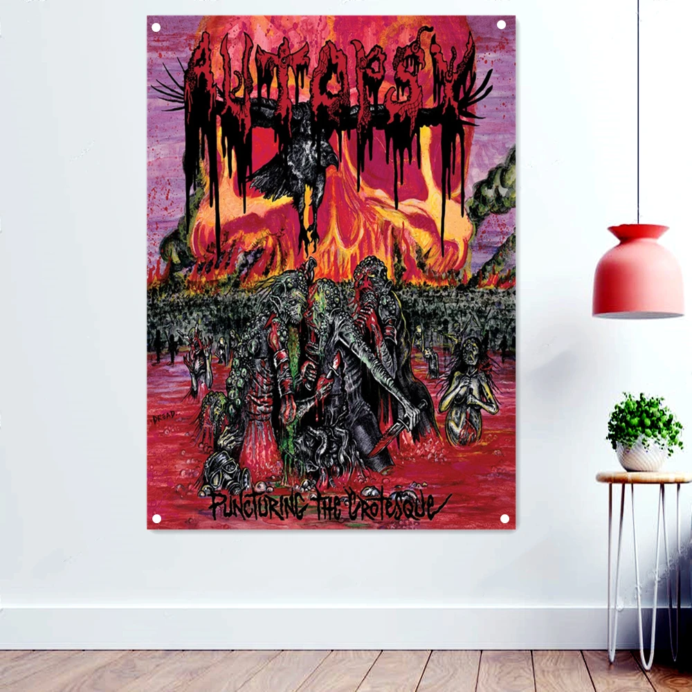 

Hell Horror Disgusting Art Banners Hanging Cloth Home Decoration Death Metal Music Posters Wall Art Rock Band Icon Flags Gifts