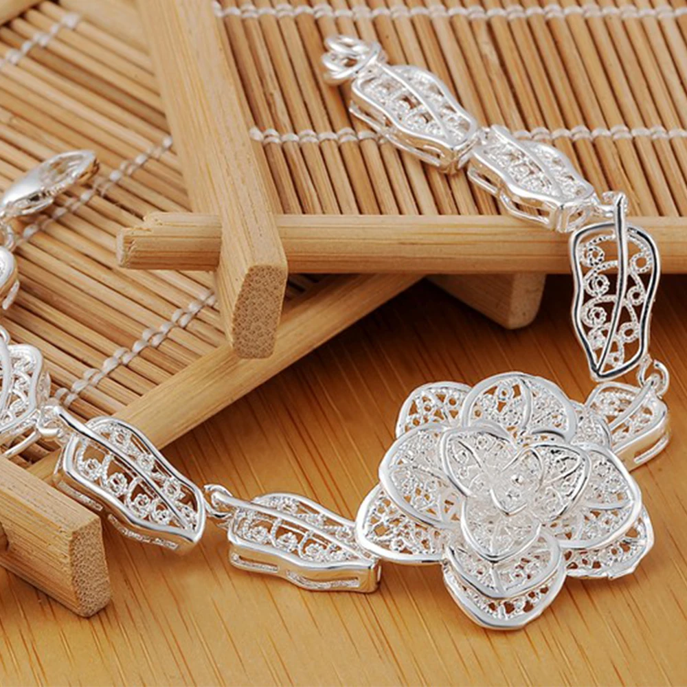 

925 Stamp Silver Color Hollowed Flower Bracelet For Women Romantic Girls Wedding Party Fashion Fine Jewelry 2021 Jewelry Gifts