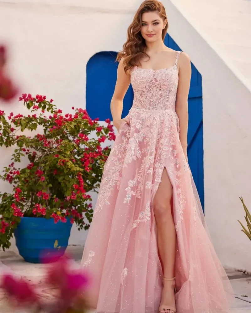 

Glitter A Line Prom Dresses Lace Sleeveless Sequins Women Evening Dresses Sexy Side Split Floor Length Homecoming Party Gowns