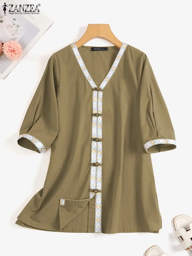 

Vintage Ribbon Spliced Shirts Women Casual V-neck Half Sleeve Tunic ZANZEA Frog Buttons Blouses 2023 Summer Cotton Simple Tops