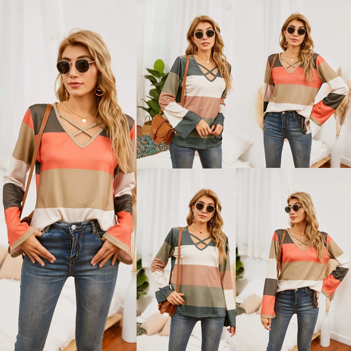 

Spring Summer Women Long Sleeve Stripe T-shirt Lady Loose Round Collar Casual Female Cotton All-match Coat