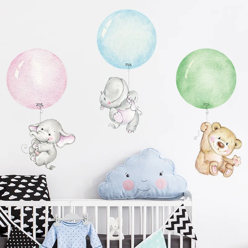 Ручная роспись 3 милых детских животных летают с розовыми воздушными шарами