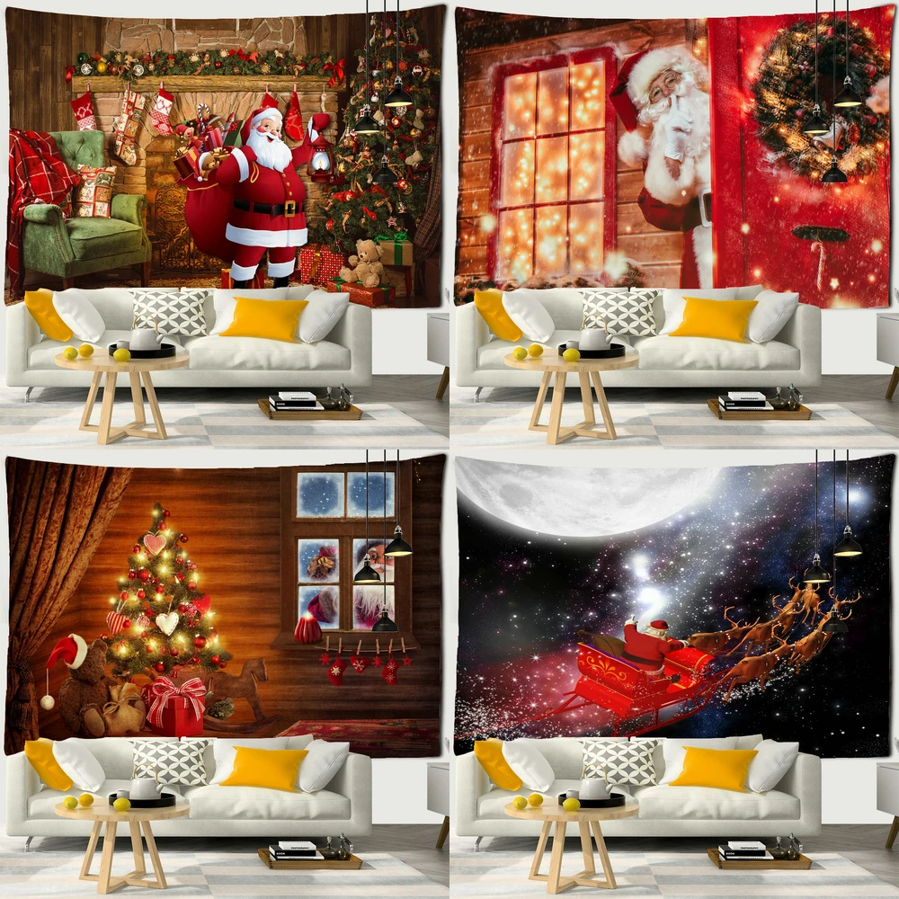 

Christmas Tapestry Snowflakes Santa Claus Winter Night Hanging Cloth Fireplace Blanket Gifts Christmas Wall Decorations for Home