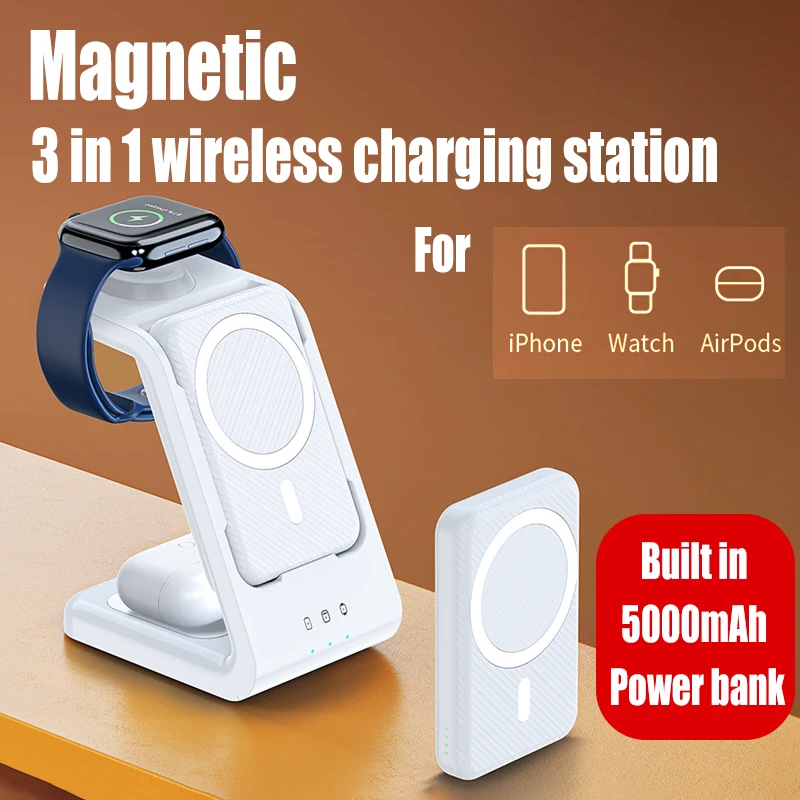 3 in1 Magnetic Power Bank MacSafe External Auxiliary Battery 15W Wireless Fast Charger Station For iPhone 14 13 12 Apple Watch