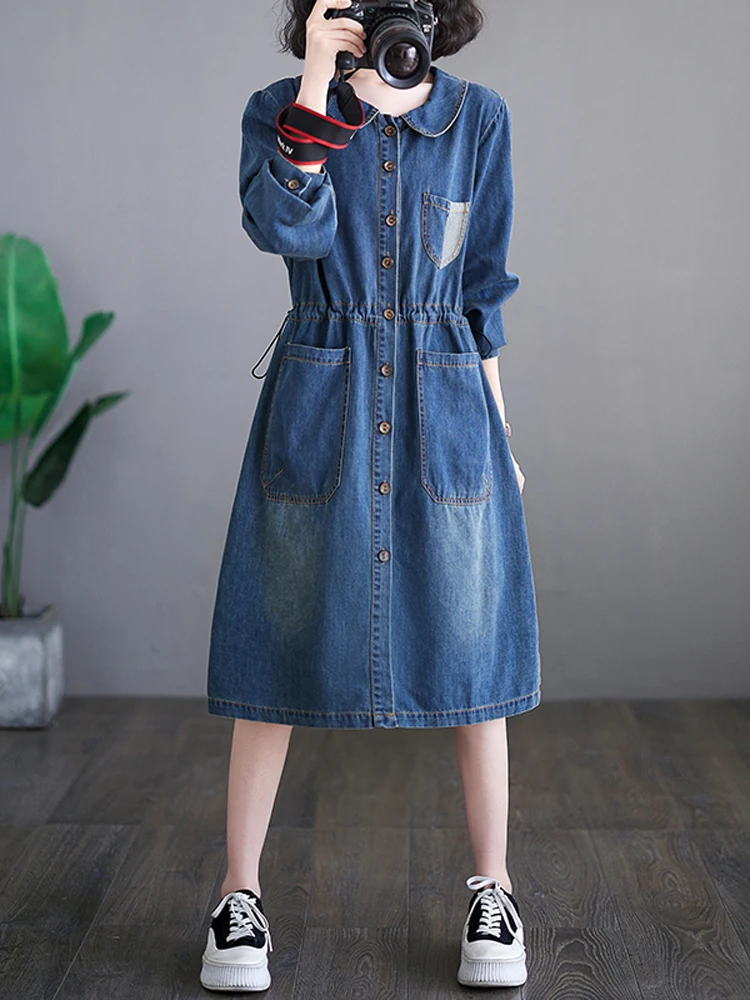 

Женское джинсовое платье с длинным рукавом, свободное Повседневное платье из денима с кукольным воротником, модель 2023 большого размера в Корейском стиле на весну и осень