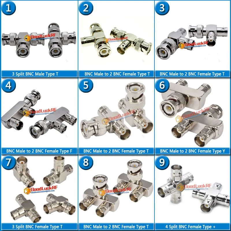 

Kit Set Q9 BNC 3 Way 4 Way Splitter BNC Male To 2 Dual BNC Female Right Angle 90 Degree RF Connector Adapter