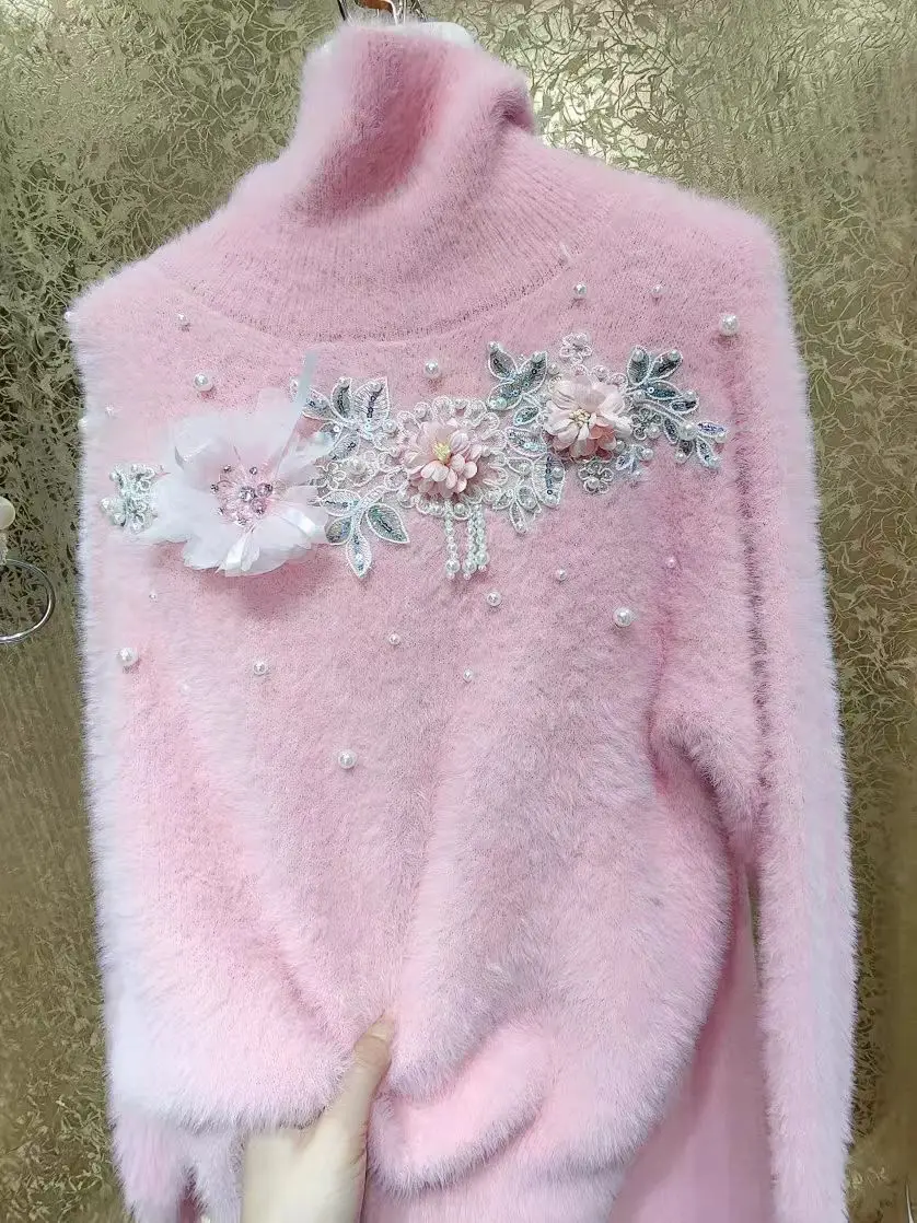 Новый свитер с жемчугом и бисером кисточками цветами толстым искусственным