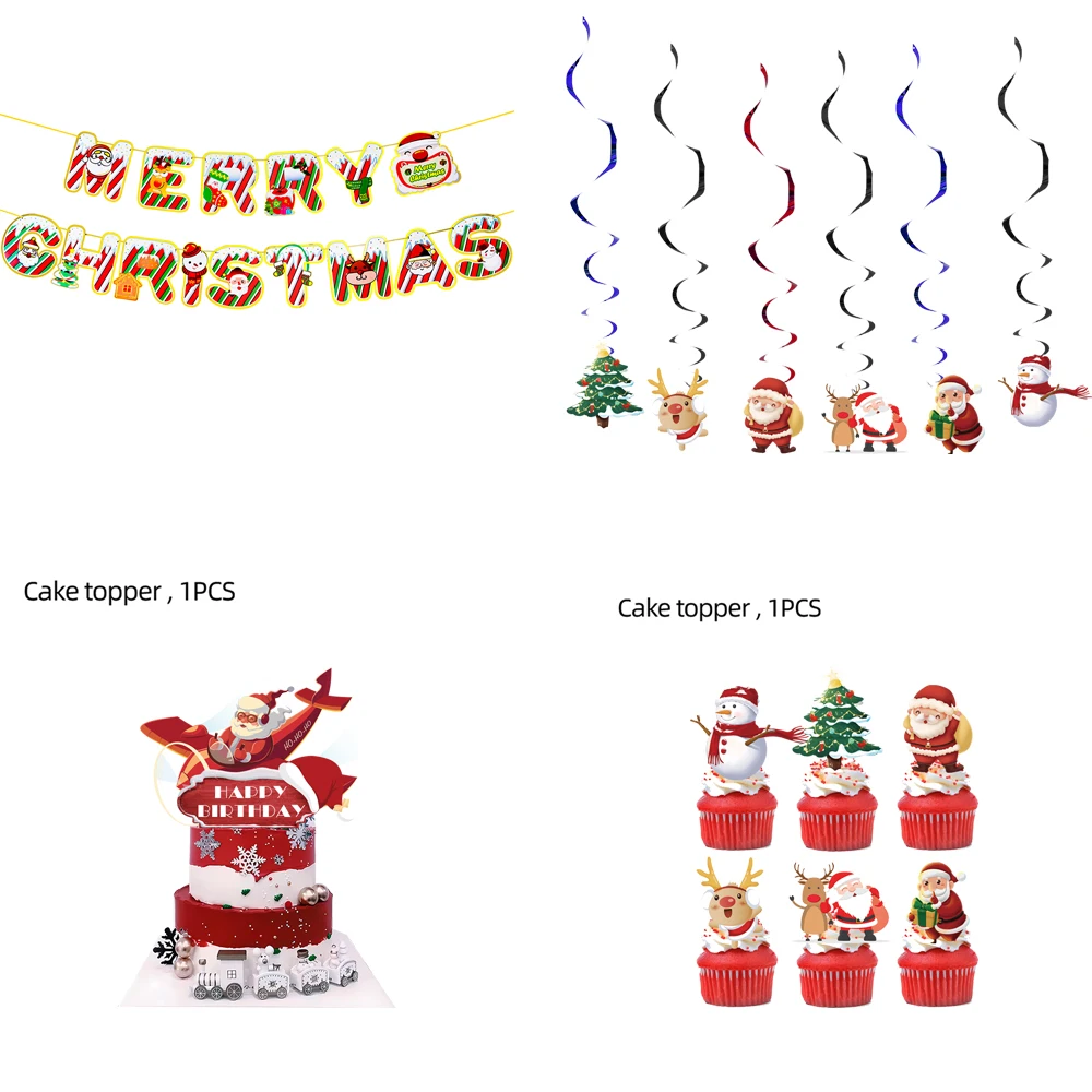 

Merry Christmas Theme Birthday Party Decorations Tableware Set Banner Cake Toppers Christmas Decor Baby Shower For Home New Year