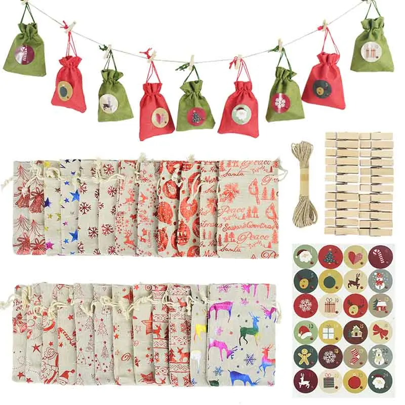 

24pcs 10x14cm Christmas Linen Burlap Bag with Sticker Santa Claus Elk Bells Drawstring Gift Bags Xmas Candy Packing Bag New Year