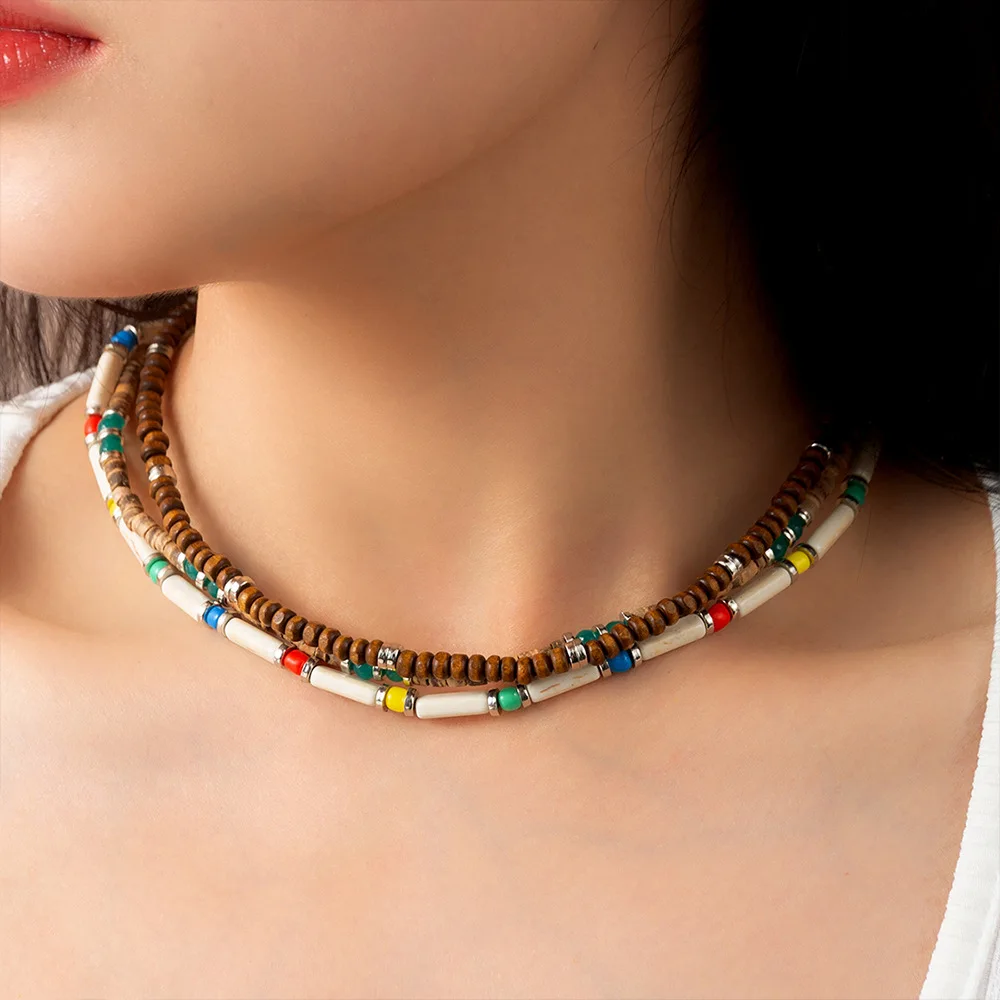 

Retro Bohemia Ethnic Style Wooden Beaded Statement Necklaces For Women Summer Party Trinkets Boho Fashion Charm necklace jewelry