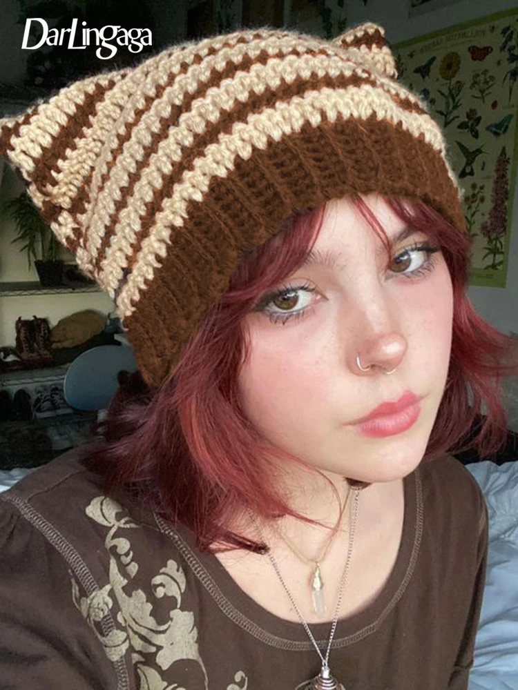 

Darlingaga Kawaii Korean Fashion Stripe Autumn Winter Hat for Women Cute Goth Devil Hats Cap Girls Cat Ears Knitted Warm Outfits