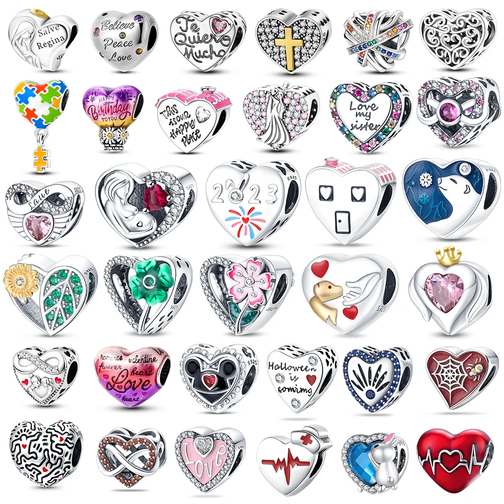 

NEW 925 Sterling Silver Angel Mom Family Heart series Shine Beads Fit Original Pandora Charms Bracelets Women DIY Jewelry Gift