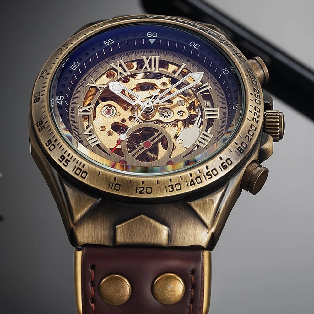 Часы-скелетоны Мужские механические в стиле стимпанк с кожаным ремешком