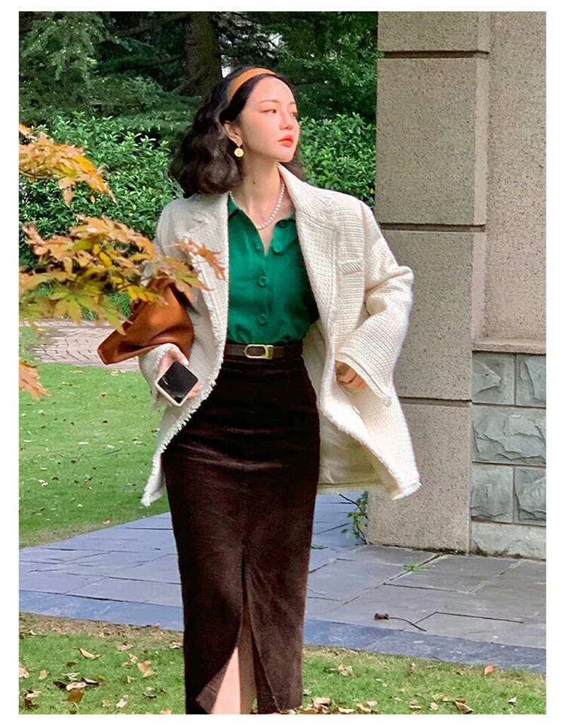 

Women's Dress Retro Spring Autumn New Corduroy Open A-Line Half-Body Skirt Temperament High Waist Slim Package Hip Long Skirt