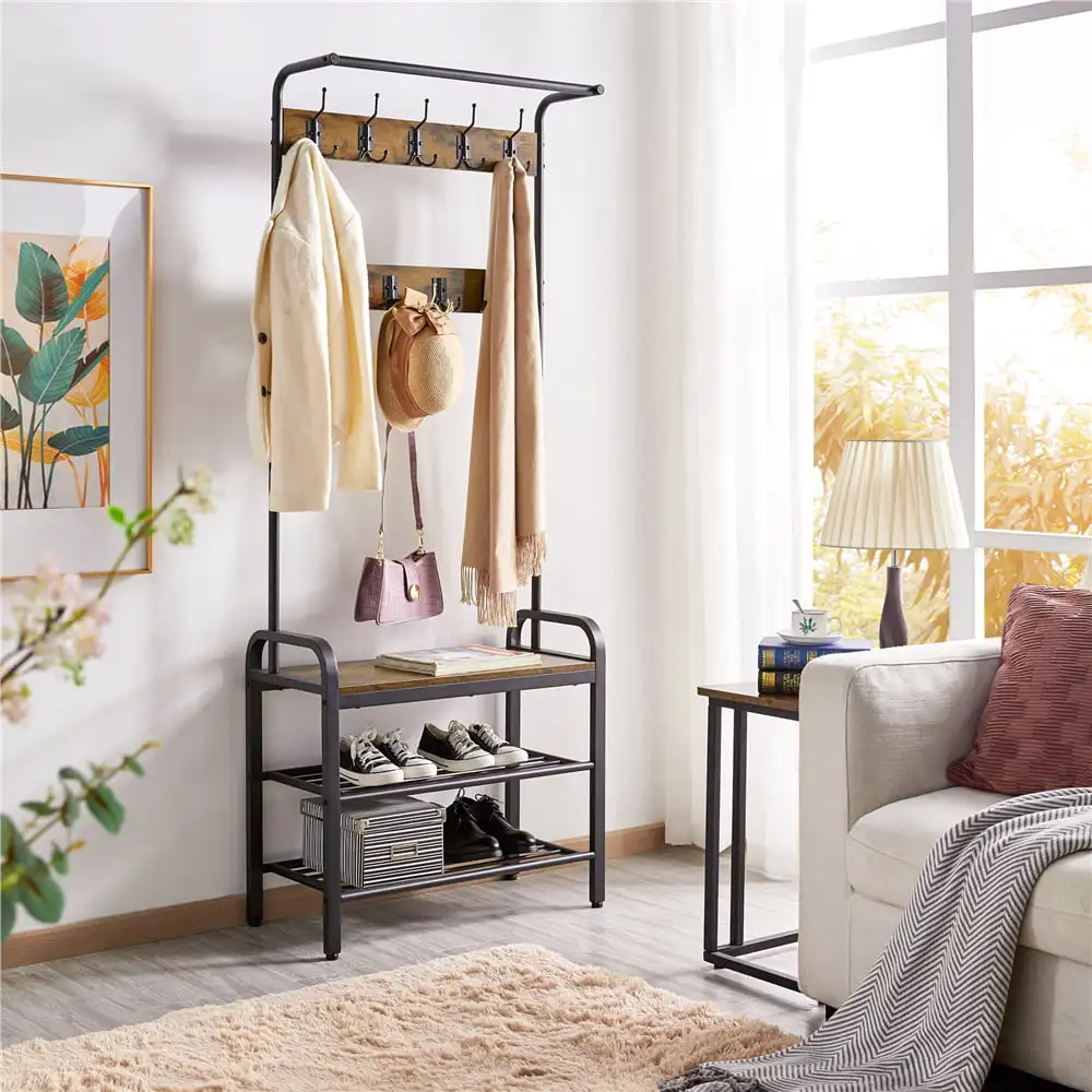 

72" Industrial Entryway Hall Tree with Bench and Storage, Rustic Brown