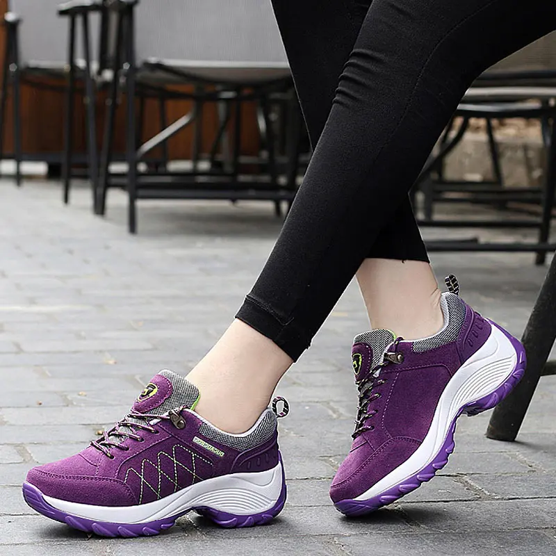 Women's sports shoes, casual lace up thick soled women's shoes, slope heels, anti slip running shoes, camping and hiking shoes