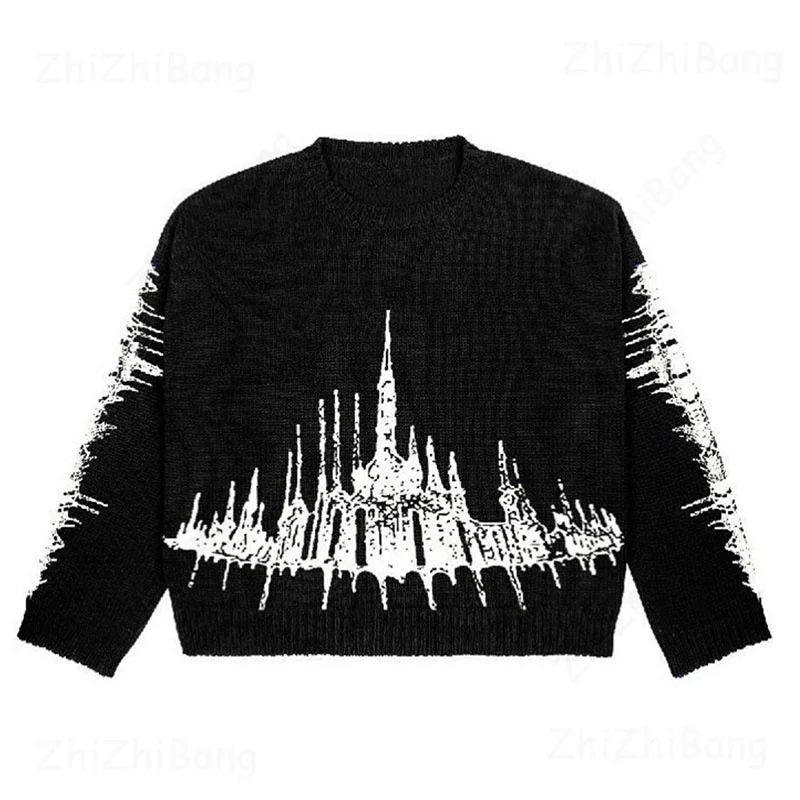

Hip Hop Oversized Women's Knitted Sweater Gothic Men Vintage Harajuku Guitars print Cotton Pullover autumn Streetwear Top female
