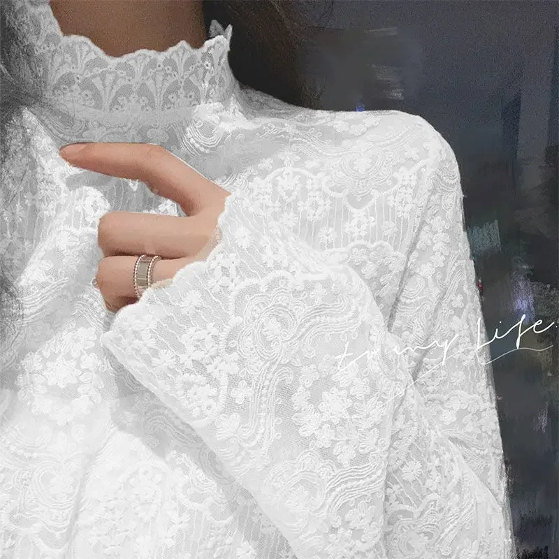 Блузка женская кружевная осенняя рубашка с длинным рукавом и высоким воротником