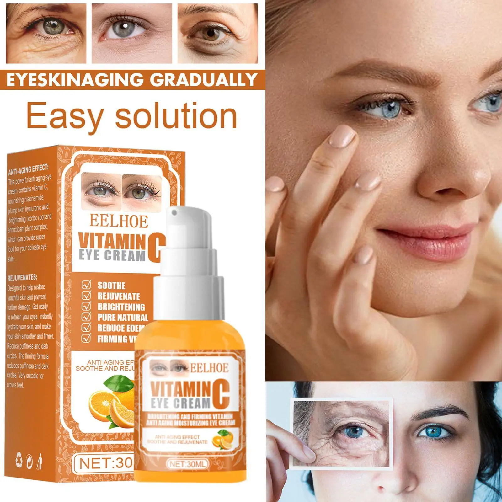 

30ml Vitamin C Anti Dark Circles Eye Cream Remove Eye Bags Cosmetics Firm Anti-wrinkle Moisturizing Brighten Massage Beauty