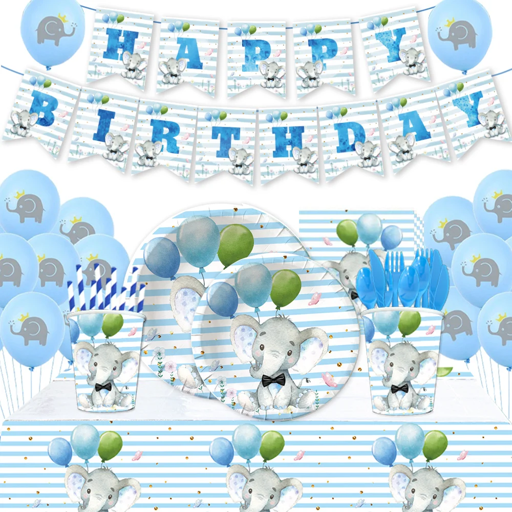 

Blue Elephant Flower Theme Disposable Tableware Napkin Banner Backdrop Decoration Set For Boy's Birthday Supplies