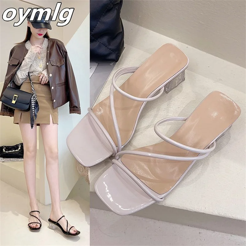 

Net red transparent slippers women's summer fashion 2022 new one-word medium-heeled thick-heeled women's sandals and slippers