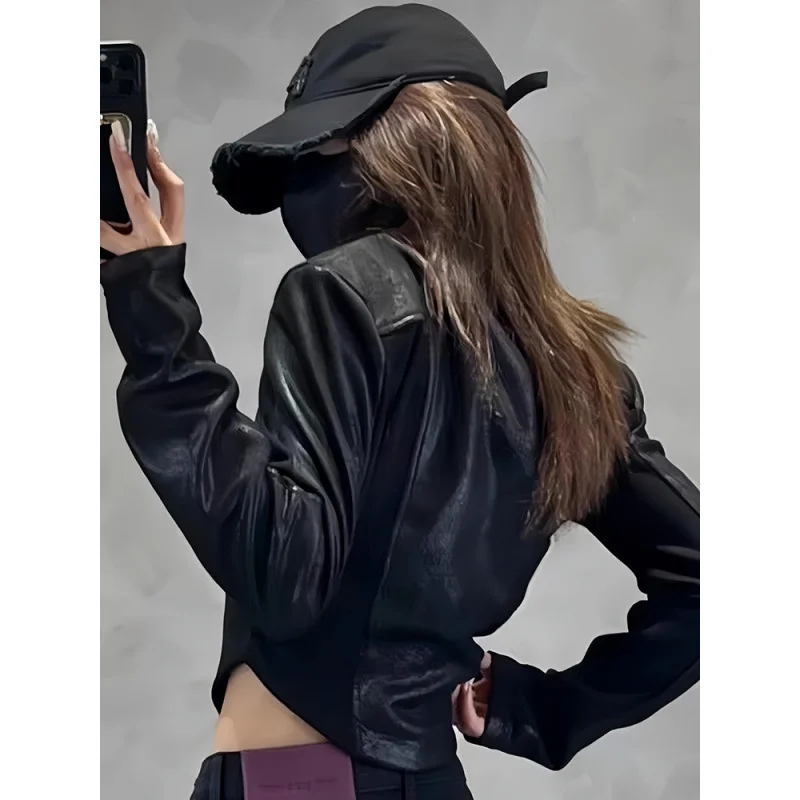 Ретро мотоциклетная женская футболка с длинным рукавом Y2K лоскутный дизайн