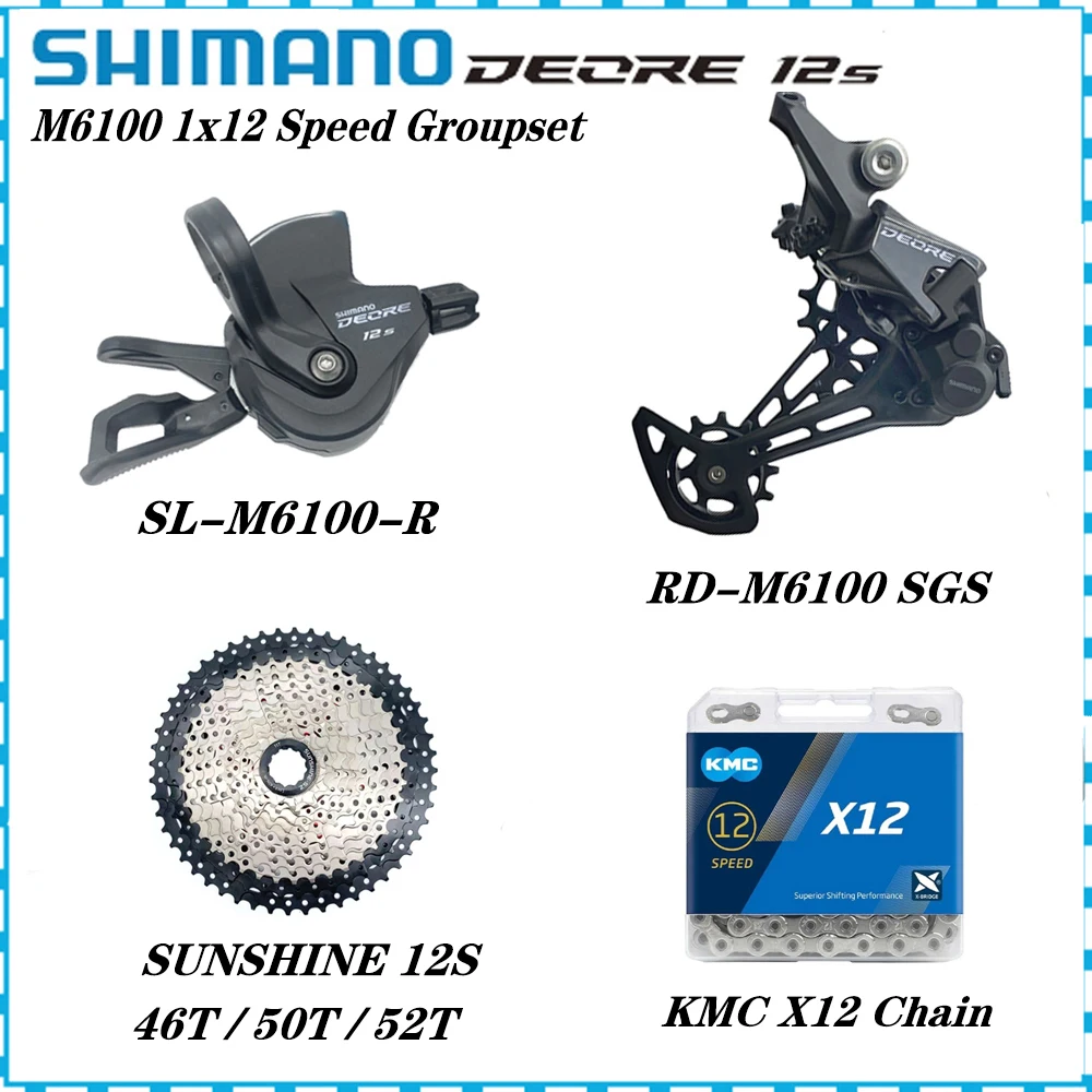 

Переключатели скоростей Shimano Deore M6100 1x1, переключатели передач на 2 скорости, 12 В, рычаг переключения передач, задний переключатель передач KMC X12, солнечный свет, кассета 46T 50T 52T