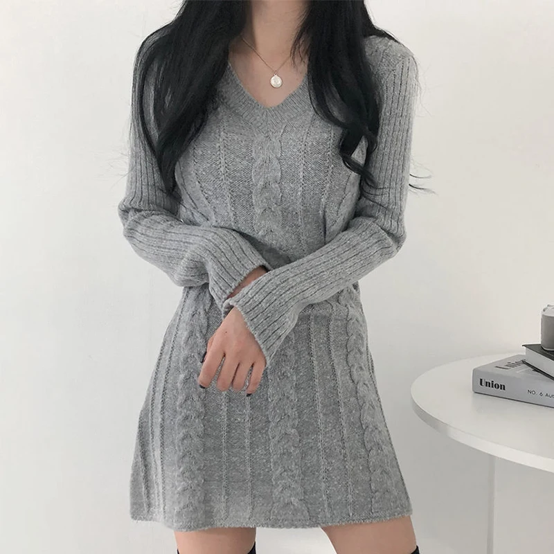 

sweater mini dress knitting v neck clothes dresses Korean chic autumn winter temperament is gentle, V-neck fried dough twist