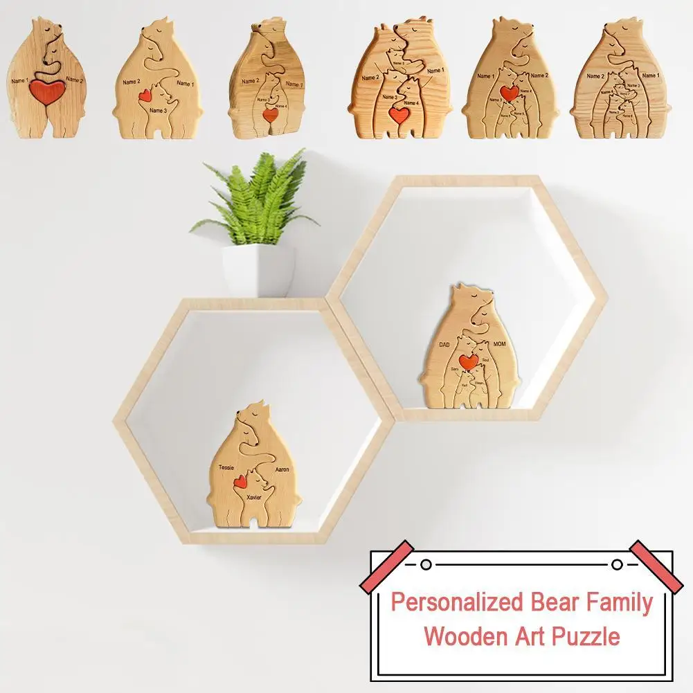 

2023 Personalized Custom Bear Family Wooden Art Puzzle Gift For Family Personalized Art Text With 2-7 Family Name Heart Puzzle