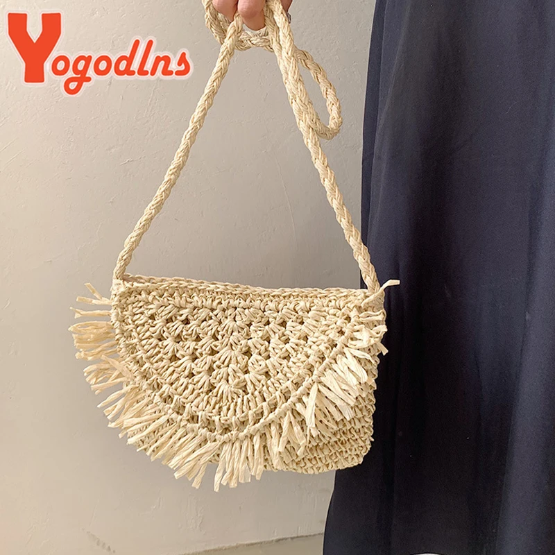 Соломенная Сумка Yogodlns с кисточками для женщин Пляжная плетеная маленькая сумка