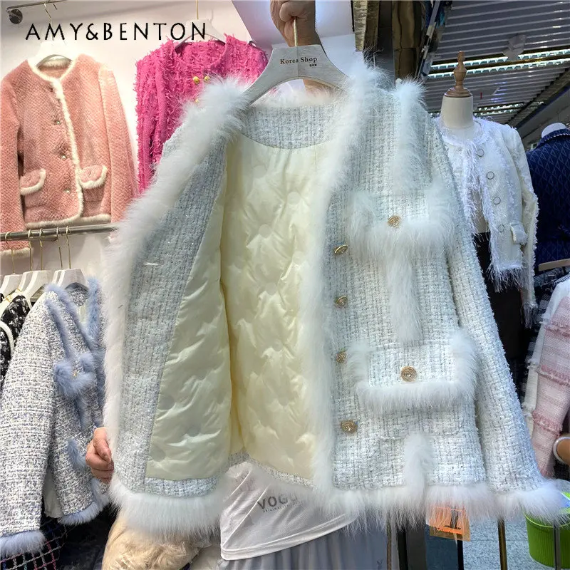 Women's Wool Stitching Tweed Coat Temperament Wild White Duck Down Jacket for Ladies Thickened Winter Elegant Down Coats