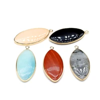 natural stone pendants long marquise shape golden edge crystal agate stone charms for jewelry making necklace bracelet