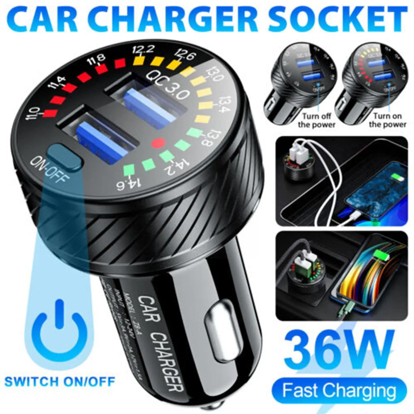 

USB Car Charger Dual 12V QC3.0 Quick Charge Cigarette Voltmeter Charge Lighter With Compatible Fast Phone Tablet Mobile Ada E9J6