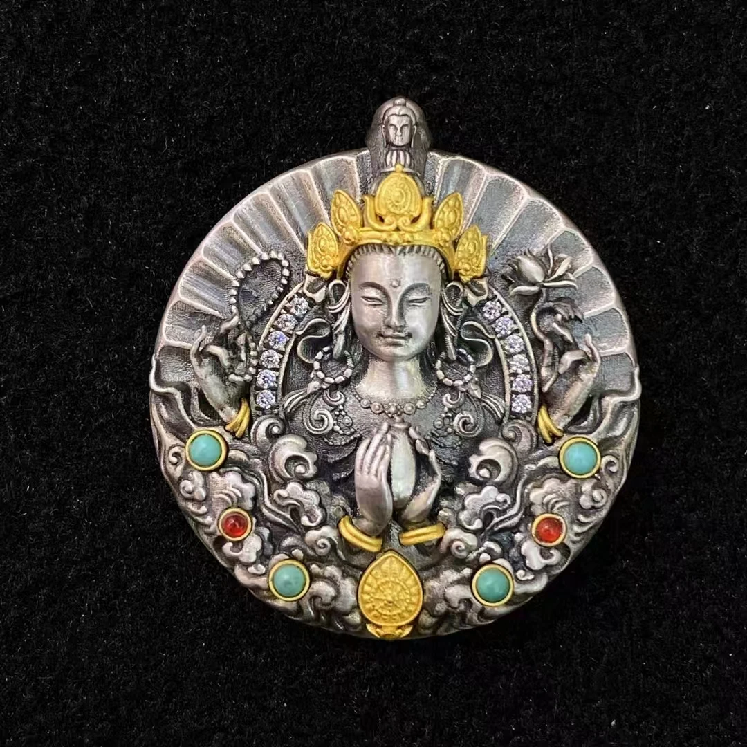 Прецизионная инкрустация серебряная зеленая Тара четырехугольная Бодхисаттва