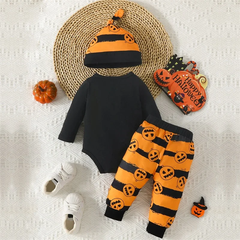 

Детские костюмы на Хэллоуин с длинным рукавом, комбинезон с надписью, полосатые брюки, шапка, комплект одежды для младенцев