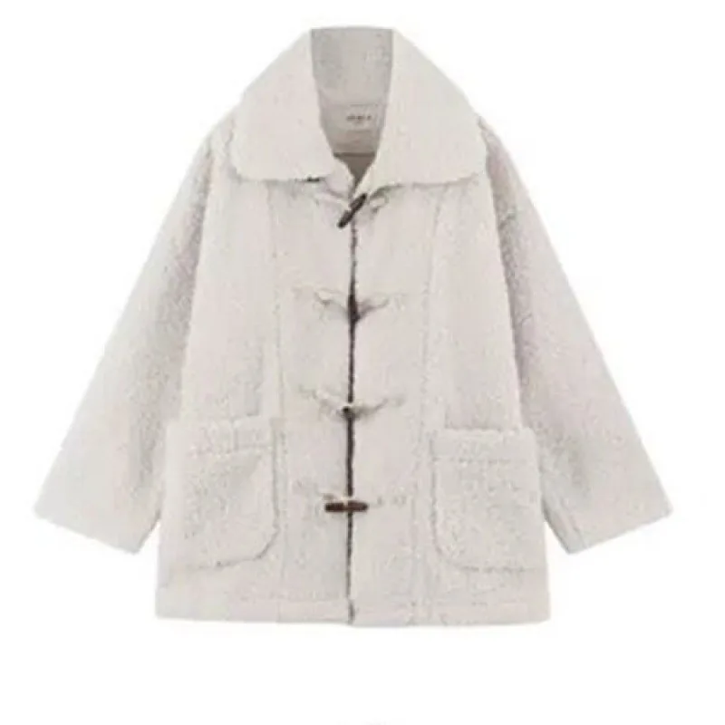 2022 autumn/winter Korean fashion of loose sweet granular cashmere faux lamb plush fur coat women's fur one coat Horn Button