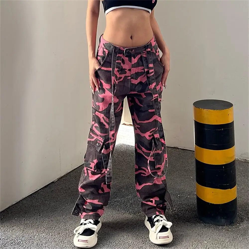 

Women's 2022 summer new street INS hot girl high waist personalized streamer pocket camouflage tooling straight denim trousers