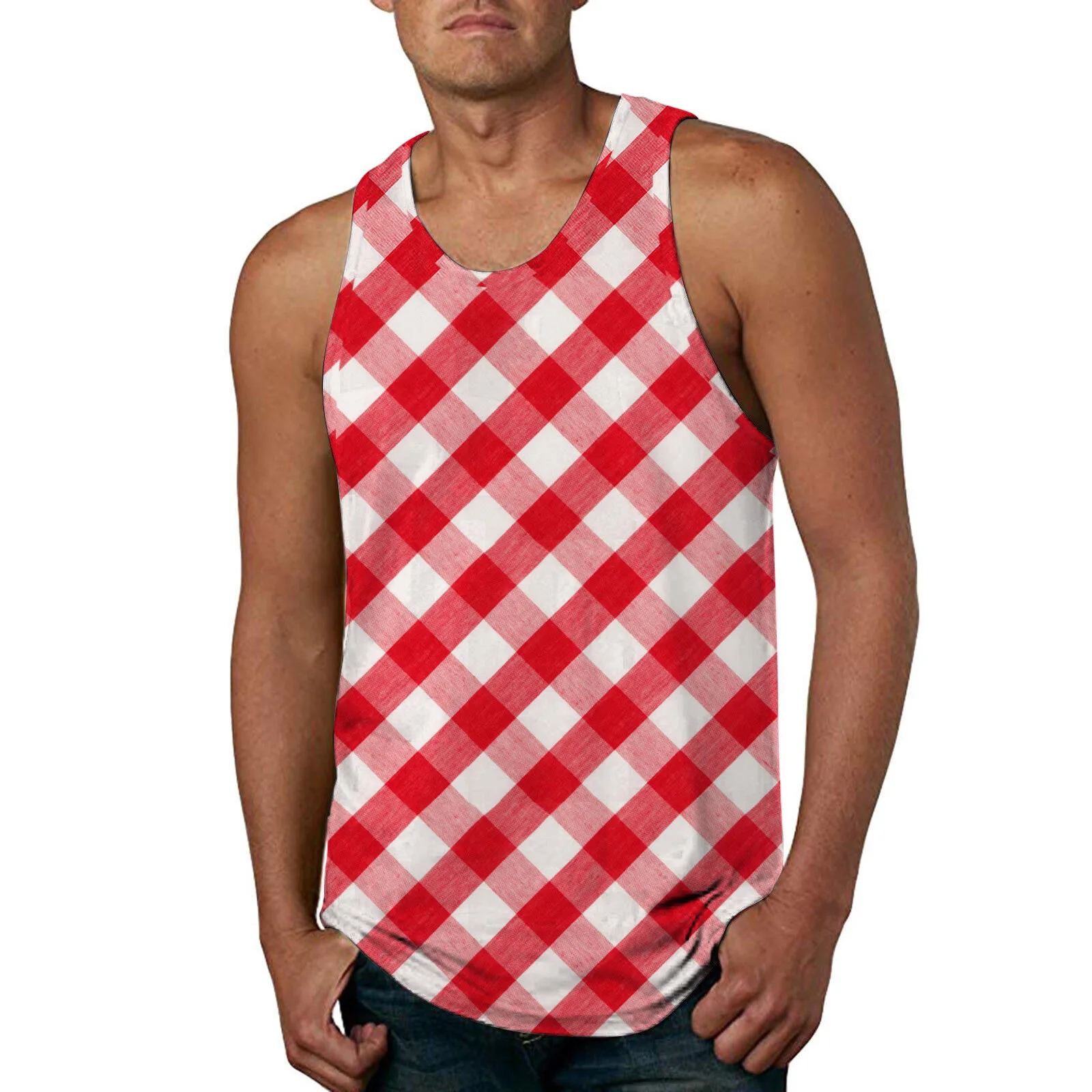 

Рубашка мужская с длинным рукавом, Повседневная блуза из хлопка в клетку, без рукавов, с круглым вырезом, майка средней длины, белый цвет, на ...