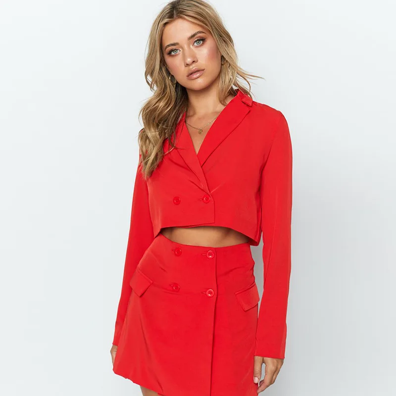 Autumn Women's New 2021 Suit Temperament Self-cultivation Long-sleeved V-neck Small Suit Skirt Two-piece Short Skirt Female