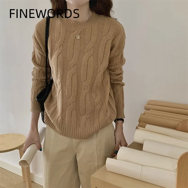FINEWORDS винтажный зимний вязаный свитер с круглым вырезом женский корейский