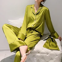 womens silk pajamas solid single breasted lapel long sleeve top loose trousers lounge wear fashion women pajama 3 piece sets