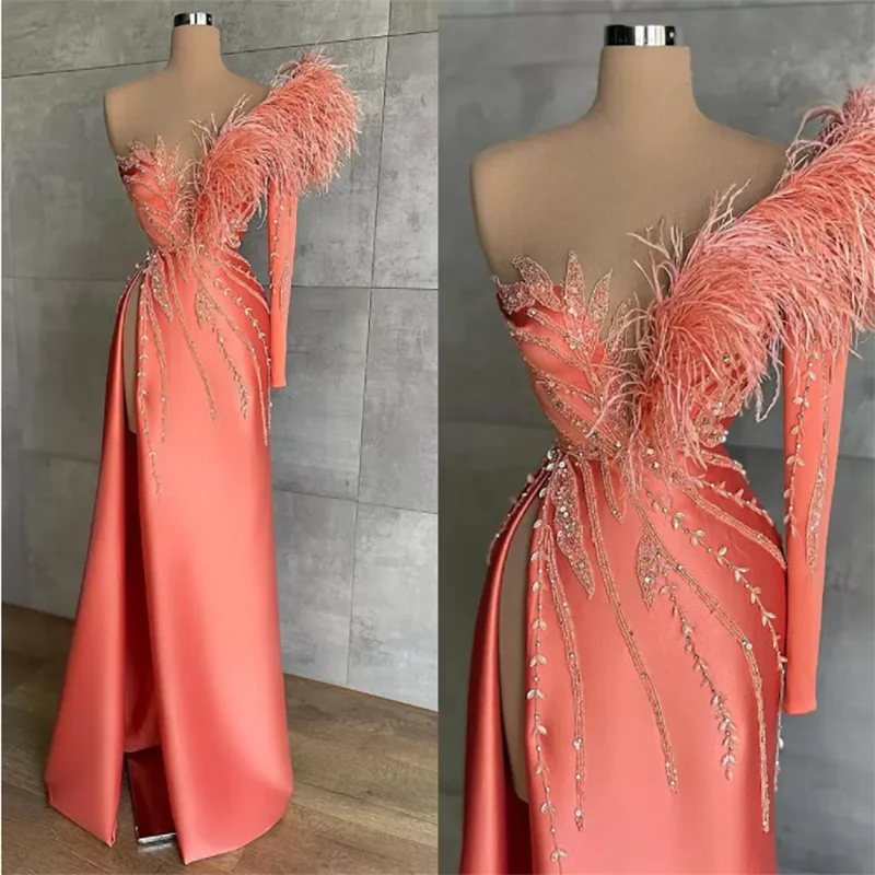 

Long Prom Dresses for Women One Shoulder Sequined Feathers Side Split Beaded Appliques Party Formal Elegantes Mujer Vestidos