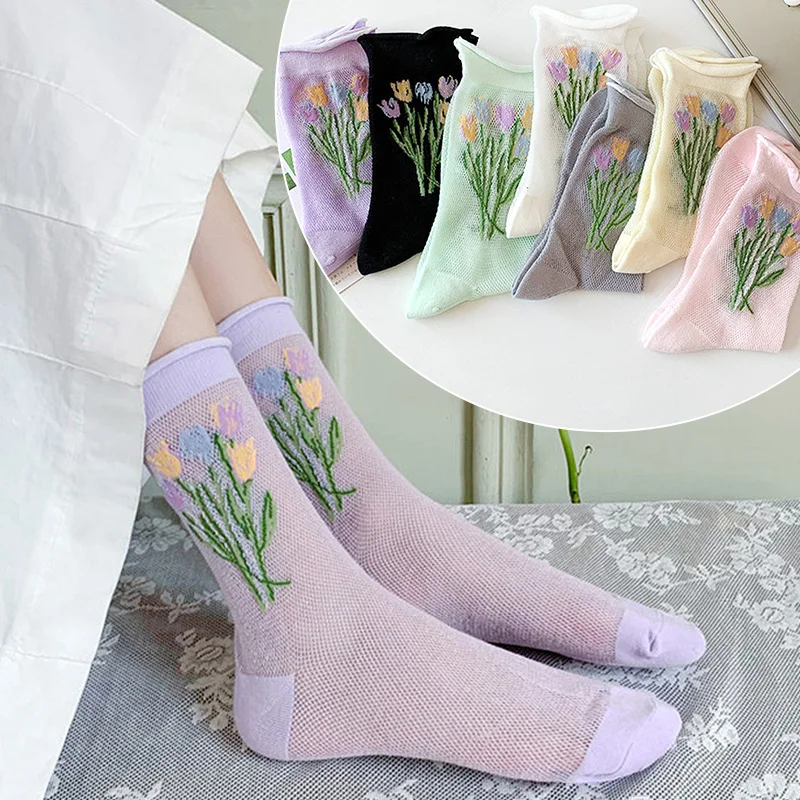 

1 Pair Women Tulip Mesh Socks Breathable Floral Socks Fishnet Spring Summer Girls Romantic Loose Illustration