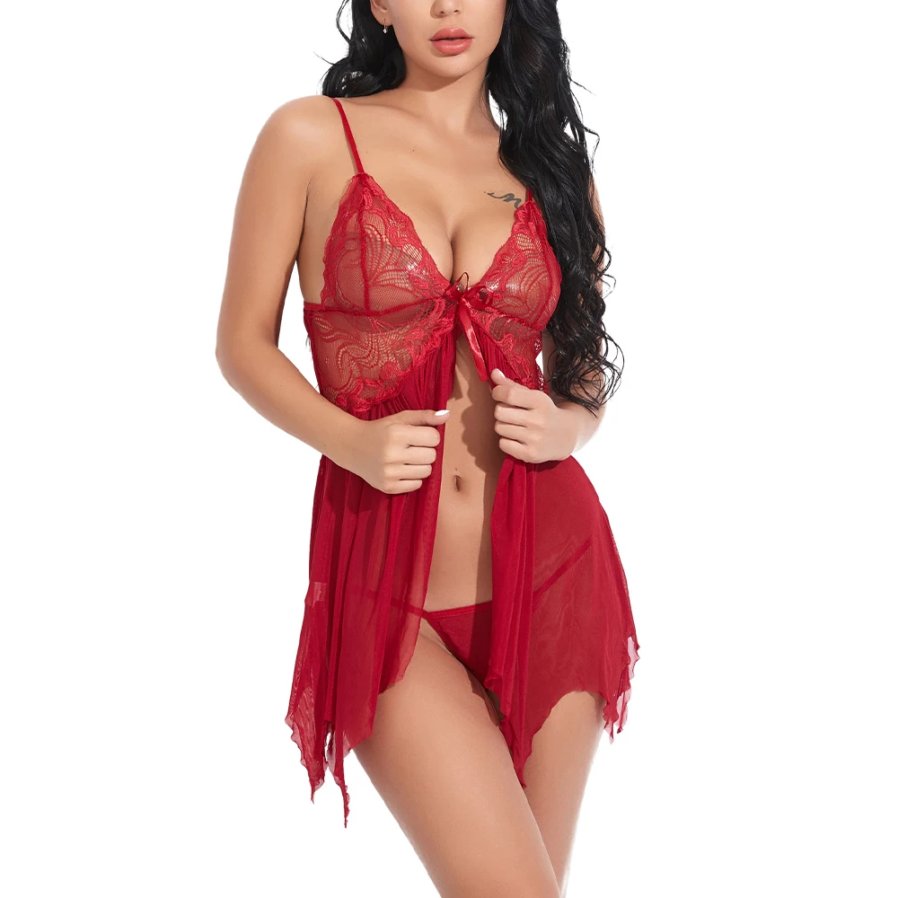 

Front Closure Baby Doll Lace Mesh Sleepwear Sexy Women Nightdress Hot Lingerie Underwear Thong Set Pajamas Porno Lingerie A50